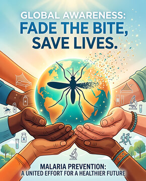 Global awareness vector poster design for malaria prevention with diverse hands holding glowing earth globe and mosquito