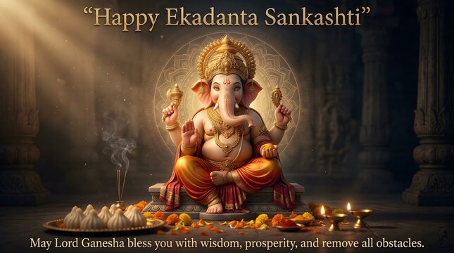 Happy Ekadanta Sankashti Poster Lord Ganesha Festival Celebration, Sankashti Chaturthi Greeting, Hindu Devotional Banner, Spiritual Social Media Design