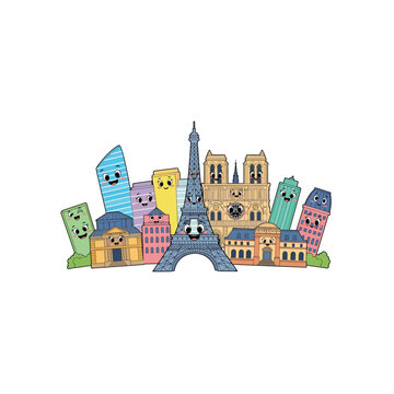 Eiffel Tower in cartoon cityscape.