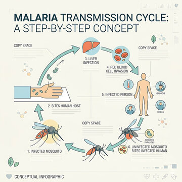 Malaria transmission cycle step by step concept infographic vector illustration showing mosquito and human infection process