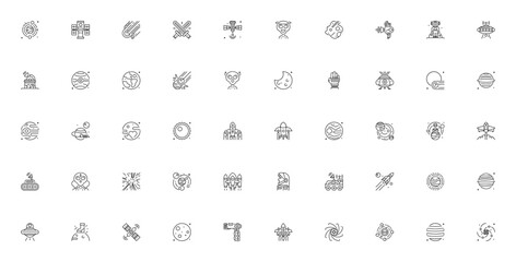 Space icon set. Vector illustration pack with galaxy, planets, astronaut, satellite, UFO, telescope and more. Minimal line icons. © wang