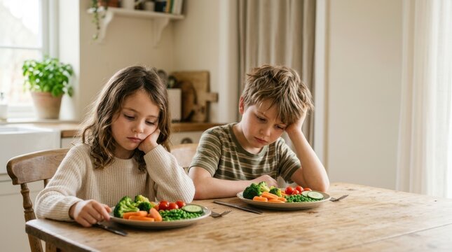 Two unhappy children looking at plates of vegetables at a wooden table