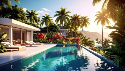 Fototapeta premium Luxury Tropical Villa with Infinity Pool and Ocean View at Sunset.