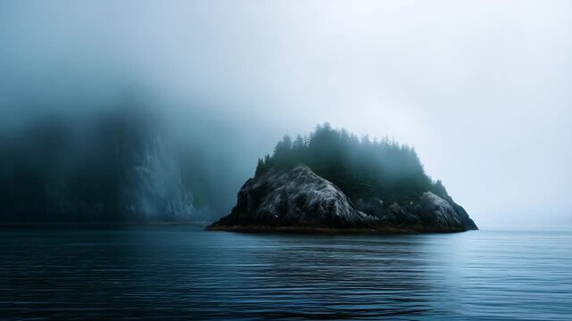 Misty island in cold ocean, fog covered rocky  mysterious coastal landscape, moody wilderness nature scene, remote dramatic island background misty island, foggy seascape