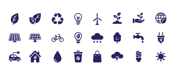 Fototapeta premium Sustainable Green Energy and Eco Environment Icons Set. Nature Conservation, Renewable Resources and Technology Glyph Vectors.