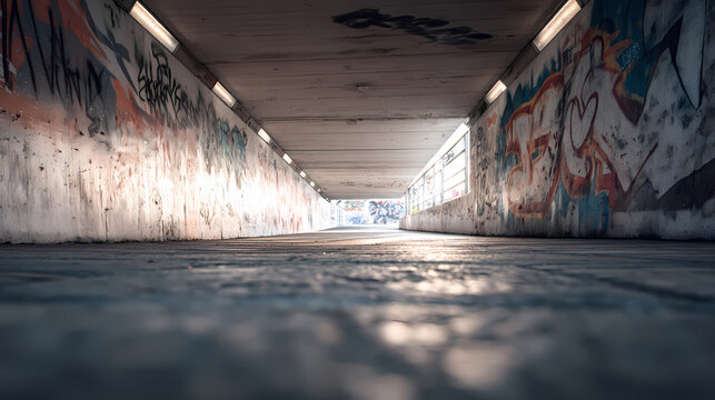 Empty Underpass with Graffiti Walls