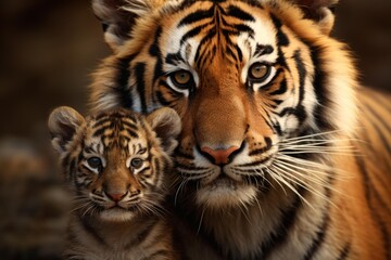 Obraz premium Tiger mother and cub looking at the viewer, representing family, nurture, and wildlife conservation