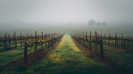 Obraz premium Empty Vineyard Rows with Morning Mist