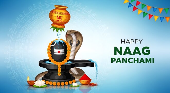 Happy Naag Panchami Greeting with Shiva Lingam and Cobra