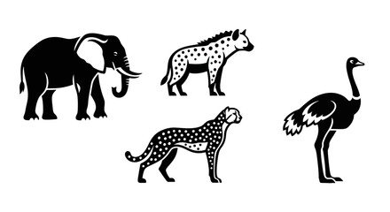Fototapeta premium African Wild Animals Silhouettes Set: Elephant, Hyena, Cheetah, and Ostrich Icons