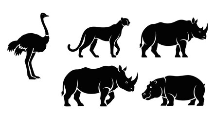 Fototapeta premium African Wildlife Silhouettes Set: Ostrich, Leopard, Rhinoceros, Hippopotamus