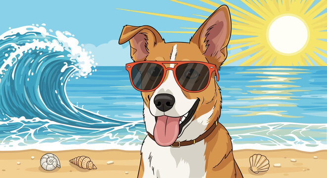 Smiling Dog Wearing Sunglasses Beach.