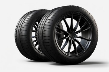 Obraz premium Black vehicle tires with dark alloy rims on a white background