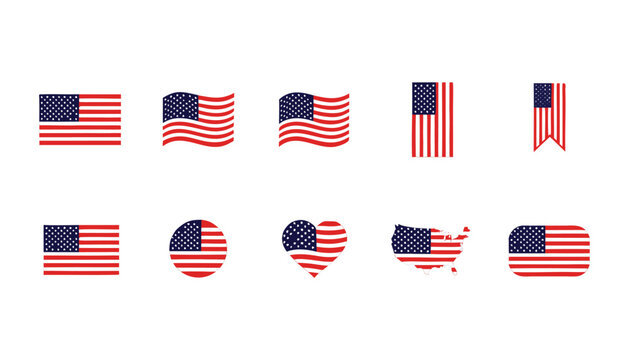 Set of USA flag icons in different shapes, patriotic vector illustration collection