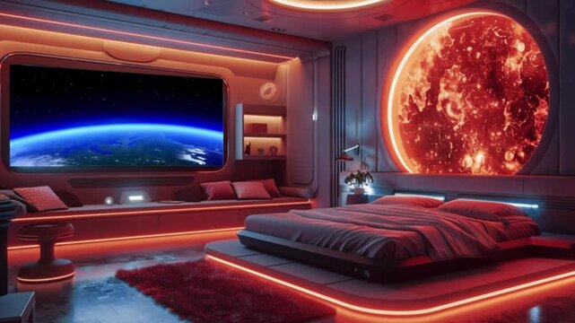 Futuristic Sci-Fi Spaceship Bedroom with View of Red Planet and Earth, 3D Animation Loop
