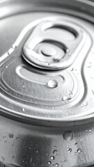 Obraz premium Closeup of aluminum beverage can lid with condensation droplets, metallic texture, refreshment and hydration theme, industrial packaging design