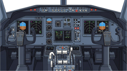 Vector 2D CAD drawing of airplane cockpit interior with controls and instruments © Stock Image Paradise