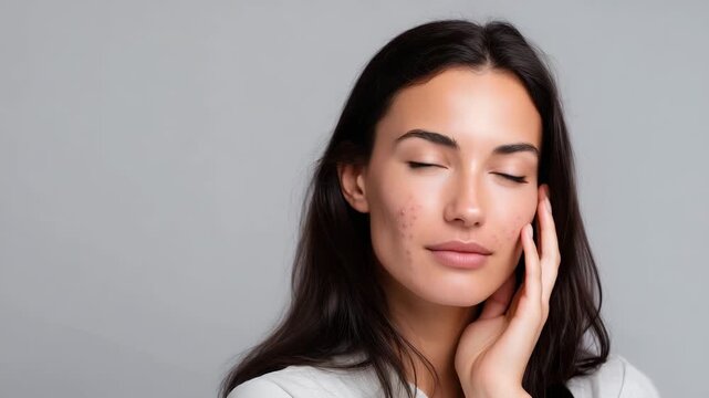 Natural beauty portrait of woman with acne skin concern, touching face, dermatology and skincare treatment concept, healthy complexion and self care acne skin, woman portrait, skin