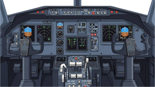 Vector 2D CAD drawing of airplane cockpit interior with controls and instruments