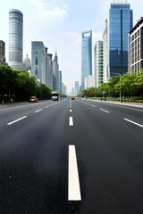 Fototapeta premium Wide city road with modern skyscrapers and green trees