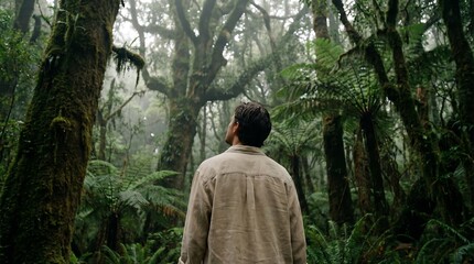 Naklejka premium Back View of Person Standing in Misty Green Forest