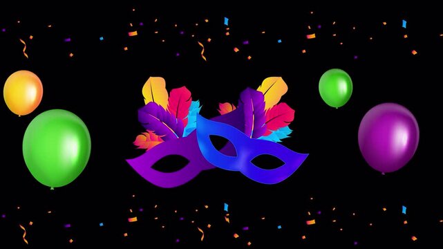 Animated Carnival Mask with Balloons and Confetti Celebration Motion Loop on Alpha Channel