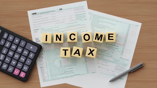 Income Tax Words Spelled with Wooden Letter Blocks atop the paperwork, next to a black calculator and a gray pen. 3D render animation