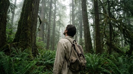 Naklejka premium Back View of Person Standing in Misty Green Forest