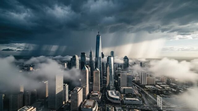 City skyscrapers during dramatic raining weather and heavy fog