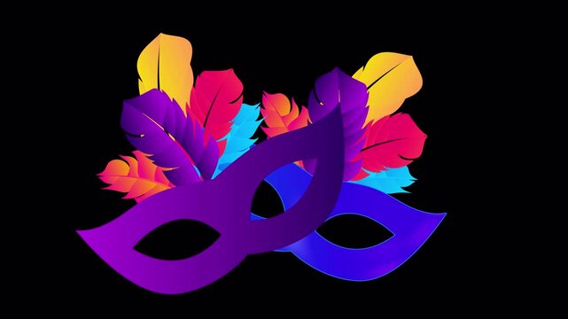 Animated Colorful Carnival Mask with Feathers Motion Loop on Alpha Channel
