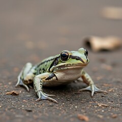 Obraz premium Green frog on the ground, a close-up shot.