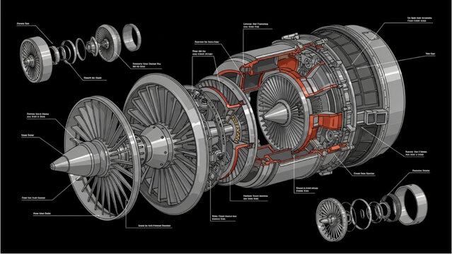 Detailed vector 2D CAD illustration of a jet engine's internal components and parts