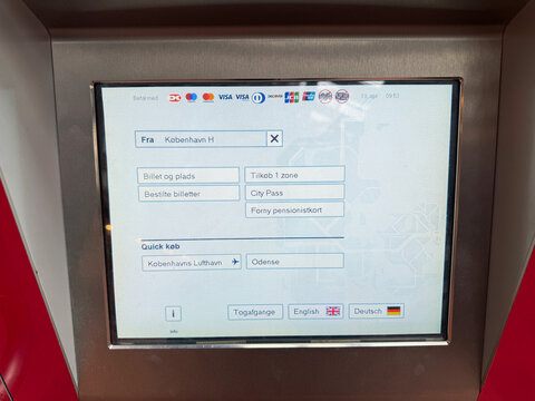 DSB Ticket machines for train departures at railway station, Copenhagen, Denmark - April 8, 2026