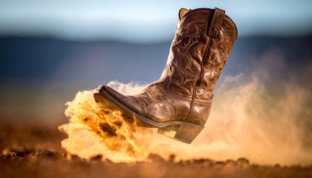 Brown leather cowboy boot kicking up dust and sparks in a dynamic action shot outdoors 