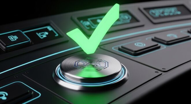 Futuristic control panel with illuminated green checkmark above an activated metallic button