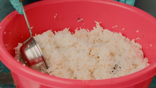 Indian couscous food preparation in a red bowl during the Vaisakhi festival