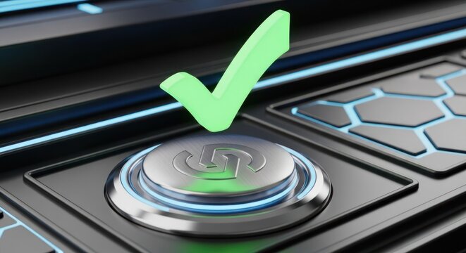 Futuristic button with glowing edges, a light green check mark above, close-up view
