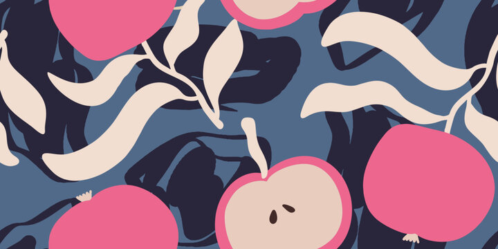 Seamless Pattern with Stylized Pink Apples and Leaves