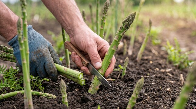 Hands harvesting asparagus in garden bed.