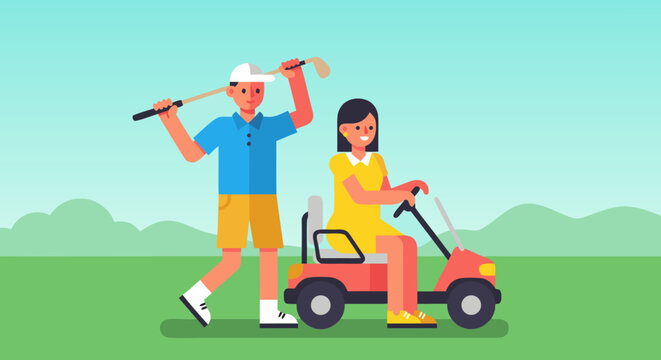 Couple enjoying a leisurely golf game with a man holding a golf club and a woman in a golf cart