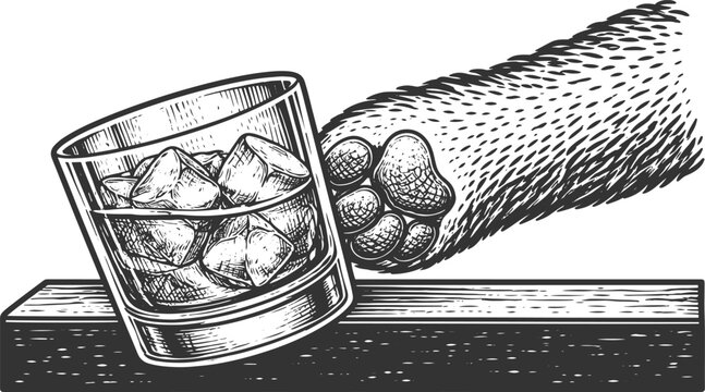 Furry Paw Holding Whiskey Glass &ndash; Detailed Black and White Illustration