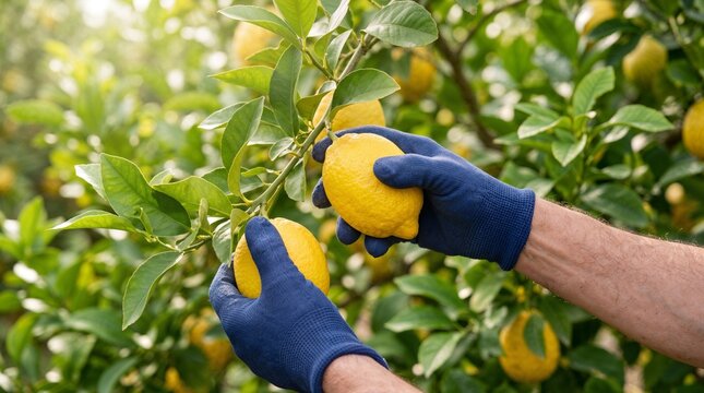 Hands picking lemons from a tree.