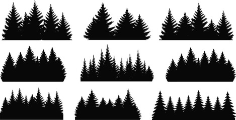 Fototapeta premium Collection of pine forest silhouette borders, black evergreen tree lines isolated, natural woodland elements for landscape design and winter illustration