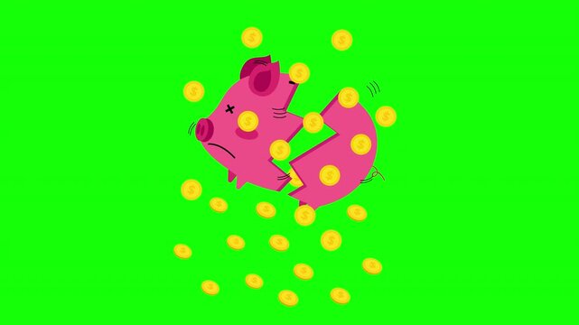 Broken Piggy Bank with Falling Coins Financial Loss Animation Loop with Alpha Channel