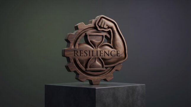Wooden emblem symbolizing resilience with a strong arm and hourglass on a pedestal