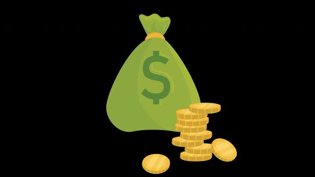 Animated Dollar Money Bag with Falling Gold Coins for Financial Growth Concept Motion Loop on Alpha Channel
