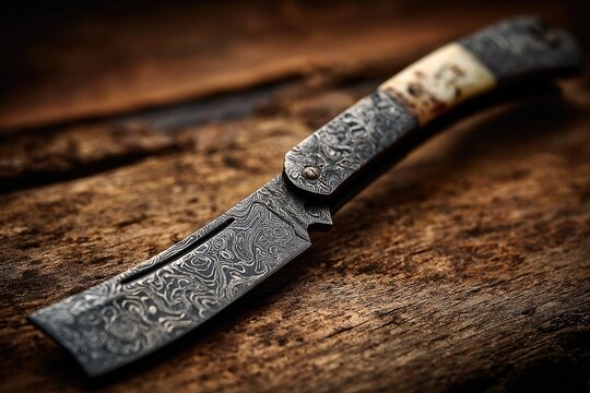 Rustic folding straight razor with a textured handle and blade on a weathered wooden background. Vintage barber tool, masculine aesthetic, traditional shave.