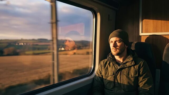 a graphic composition focusing on the traveler by the train window, framed with generous negative space surrounding him. the golden hour light creates a striking contrast