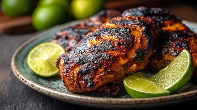 Char-grilled jerk chicken pieces with fresh lime slices on a rustic plate