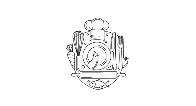 Culinary crest with chef hat, whisk, plate, knife, fork, vegetables, fish, and rolling pin